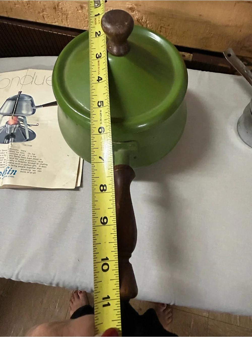 Vintage Green Enamel Fondue Pot with Wooden Handle